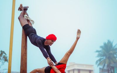 Balance exercise performed with focus and calm expression
